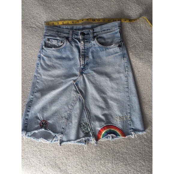 RARE Vtg Levi's Embroidered Jean Skirt PEACE Hippie Rainbow - Picture 1 of 16